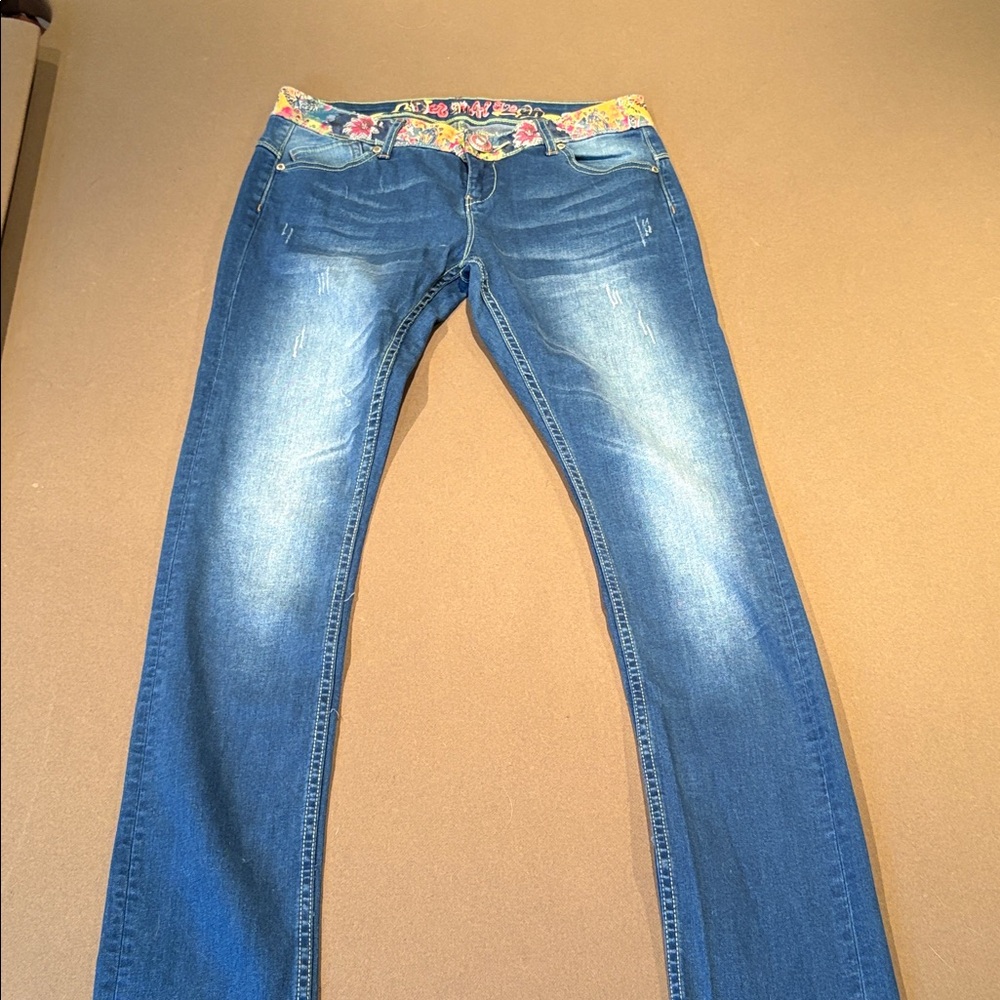Desigual Blue Straight-Leg Jeans with Floral Waistband